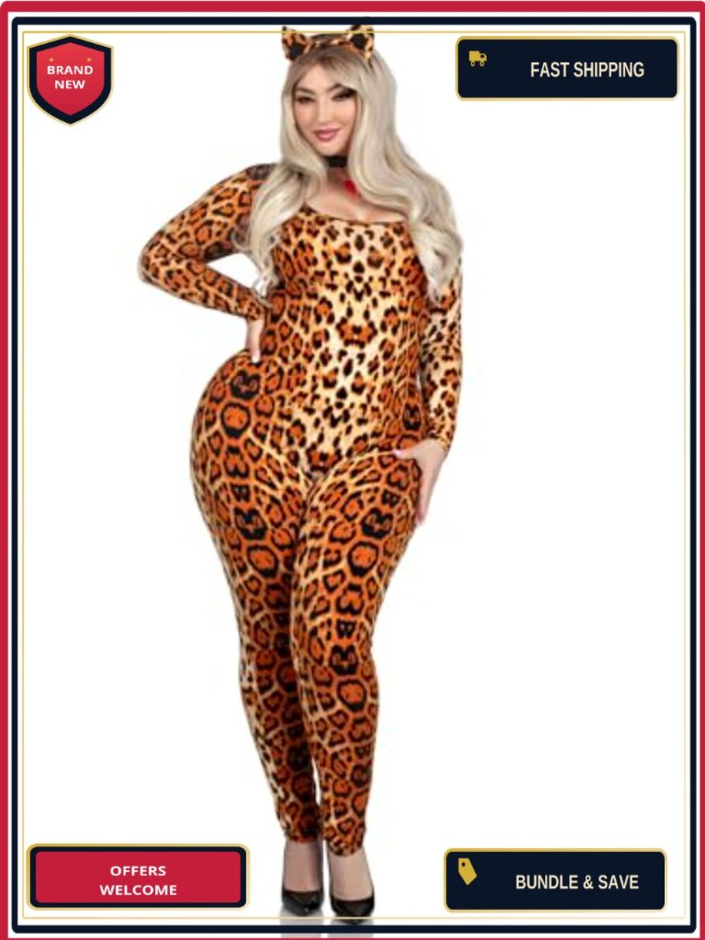 Leg Avenue 3 Pc Cougar Costume Catsuit Headband Choker